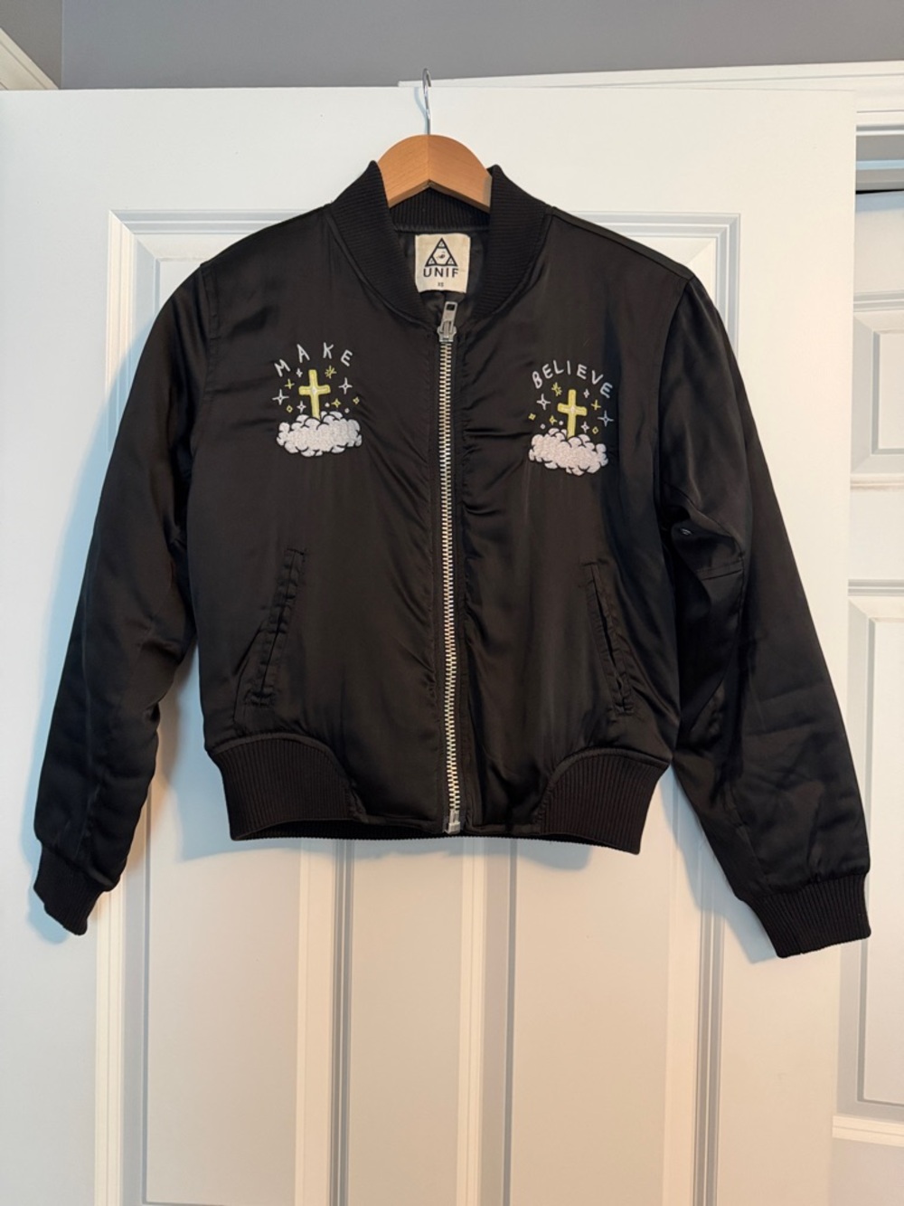 Rare! UNIF Black Embroidered Hardcore Bomber Jacket XS Unisex Y2K - Picture 2 of 16